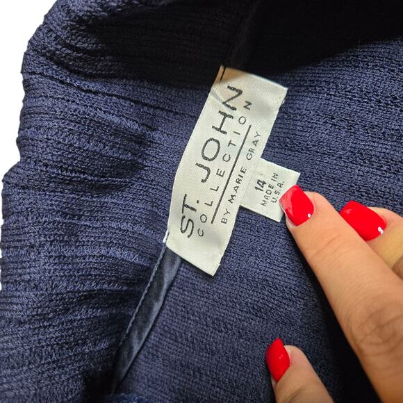 St.John Navy Blue Kelly Ruffle Knit Midi Cardigan Size: 14 - Picture 3 of 4